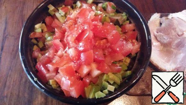 Cooking salsa. Cut all the vegetables into small cubes, add salt, season with vinegar or lemon juice and your favorite vegetable oil. Wild cherry can be replaced with crushed garlic, adding it to taste. You can use any greens, as long as you like its taste.
