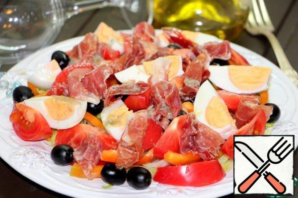 Pour the dressing over the salad.