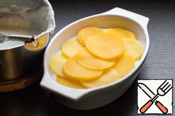 Put one layer of turnips in the mold, pour the sauce over it, then another layer of turnip sauce and again, and so on - until you run out of ingredients. The top layer should be the sauce.
