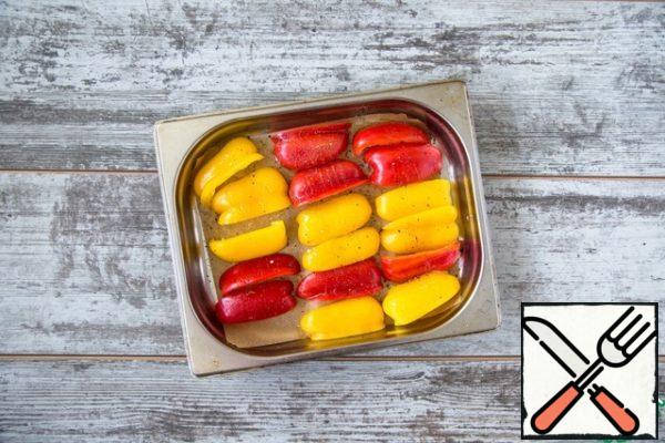 Place the peppers skin up on a baking sheet covered with foil. Place under the grill and bake until the skin turns black.
