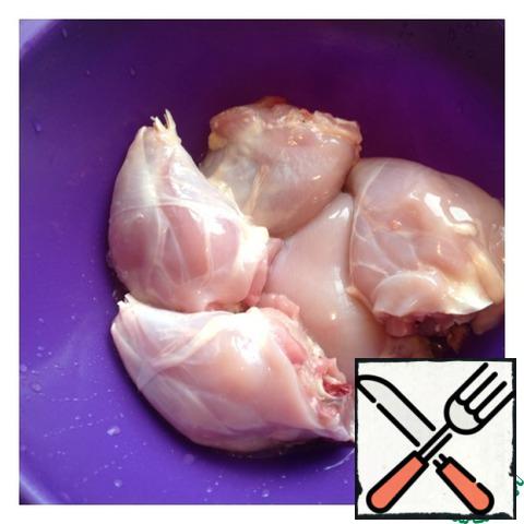 In chicken shins remove the skin and cut off the "shank".