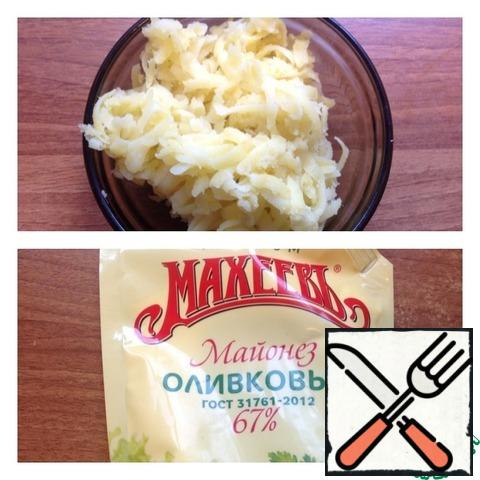 Potatoes to grate on a coarse grater and collect the salad layers.
1) potatoes+mayonnaise
2) tomatoes
3) cheese+mayonnaise
4) fish
5) eggs