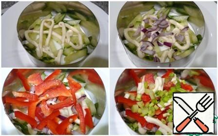 Put the salad layers: First, cucumber, mayonnaise, red onion. Then-sweet pepper, mayonnaise, green onions.