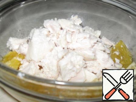Cut boiled chicken or Turkey breast.