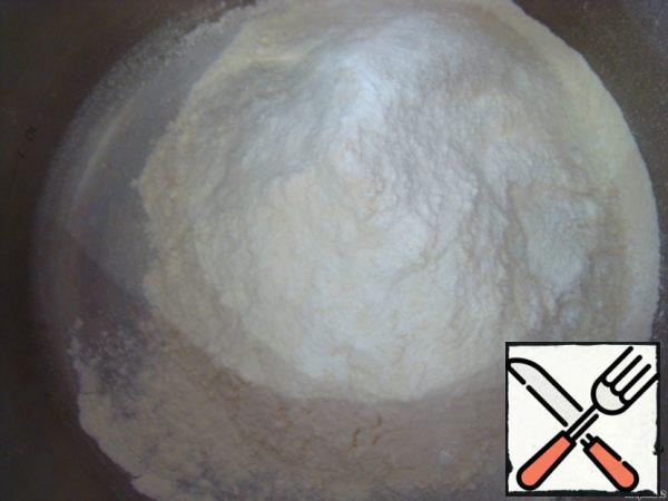 Mix flour, salt, sugar and baking powder.