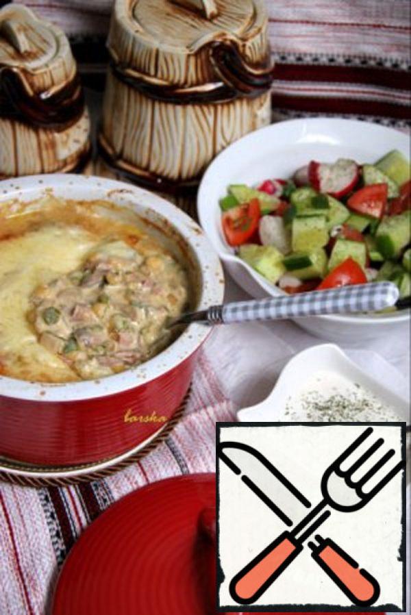 Pea Gratin with Mushrooms and Ham Recipe