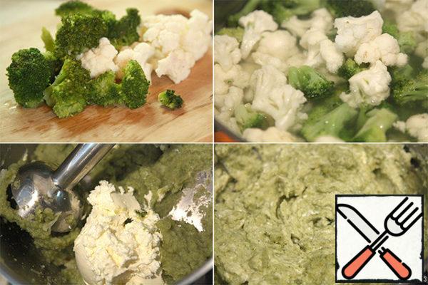 Cabbage disassemble on inflorescences and boil 20 minutes in well-salted water. Drain the water, cabbage 2/3 to postpone the rest to blend, puree add cream cheese and mix well.