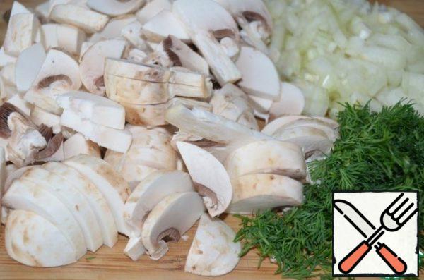 The first thing to cut onions, mushrooms and fresh dill.
Put the pan with sunflower oil on the stove and start frying the onion.
