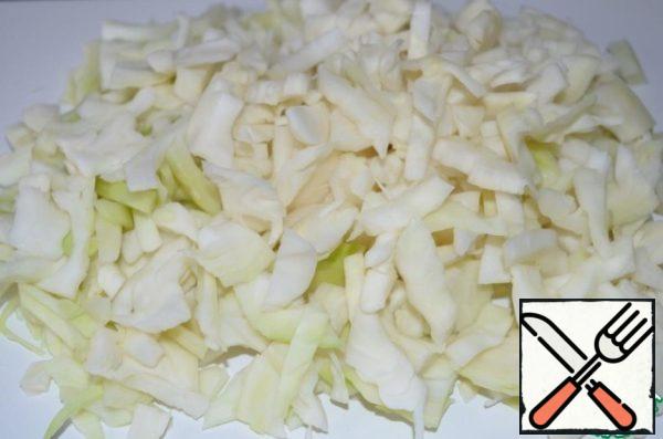 While the onion is fried, chop the cabbage. Will this stripes or cubes - business owner. I cut into small pieces. About like this.