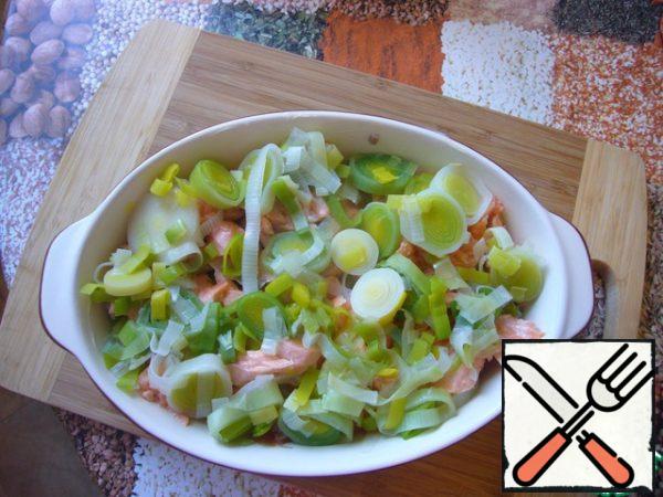 Put the trout and leeks in a low baking dish (I alternated layers of onions and fish). Pour the cream sauce over it and put it in a preheated 180 * C oven for 10 minutes.
