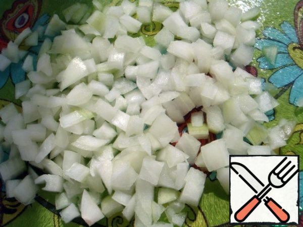 Peeled onions cut into small cubes.
