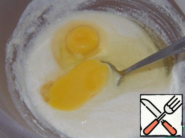 Add eggs, stir.