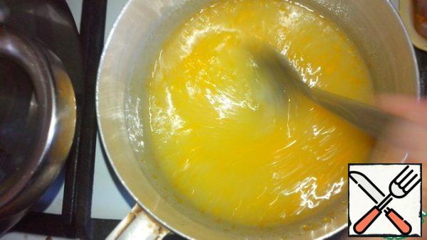 Remove from heat, immediately add gelatin and stir well. (optionally, you can add dye) Strain through a fine sieve.