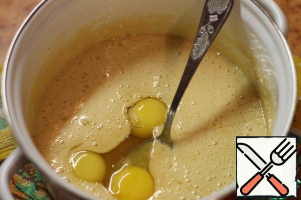 Remove from heat, add eggs, mix until smooth.
