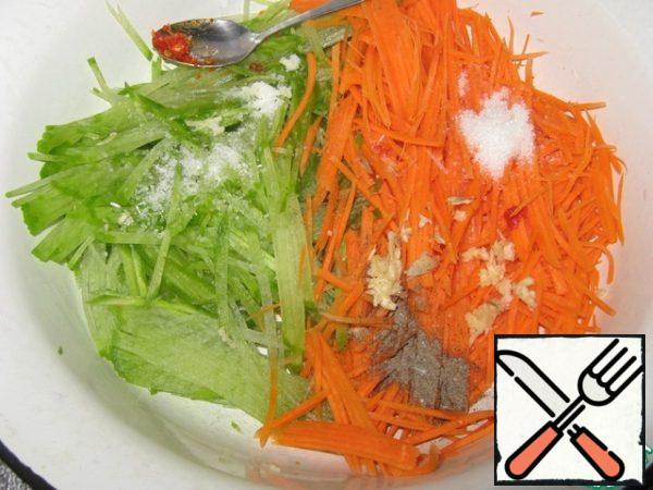 Grate carrots and radishes on a Korean grater. Add all the spices, sugar, salt. (I have hot red pepper, crushed, or you can replace it with crushed red)
