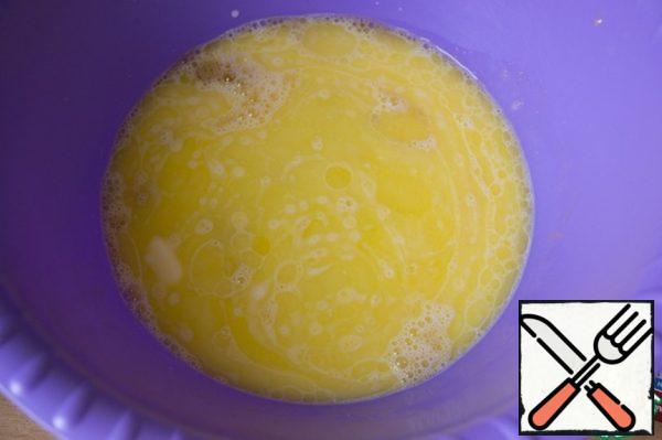 Warm milk. Melt the butter. Pour the milk and butter to the egg mixture.