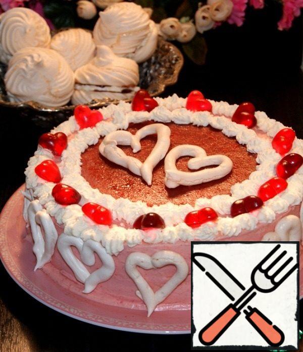 I decorated it by pasting meringue in the form of hearts on the side. Decorate the top with whipped cream and jelly hearts, place two meringue hearts in the center.
