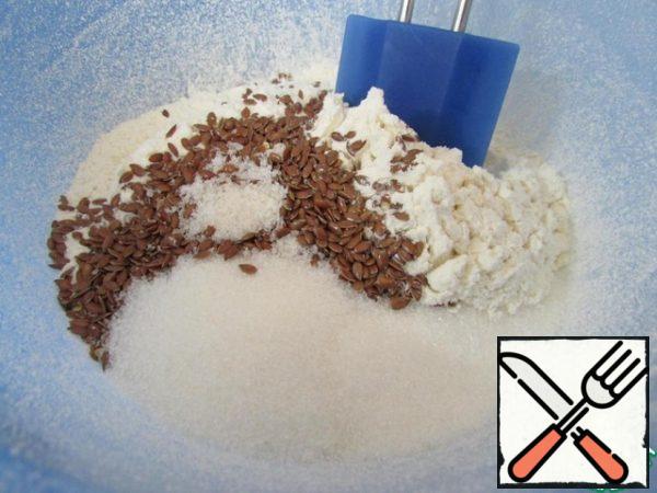 To flour add flax seeds, sugar, salt. Mix well.