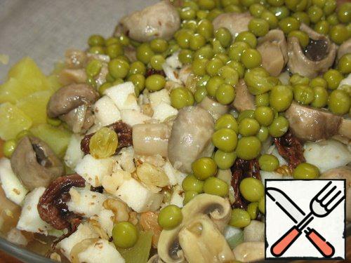 Chop and add to salad mushrooms and peas from a can.
