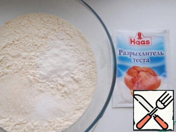 Sift flour with baking powder dough. Add sugar and salt.