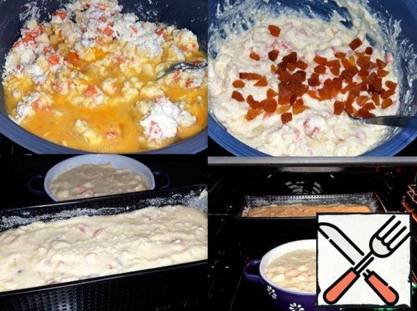 Beat the eggs with sugar and poured into the cottage cheese. Stirred and added the melted butter. Dried apricots are well washed and cut
her dice. Stir well the mass and put in a baking dish of bread, oiled. Form put in a preheated 180 degree oven and baked casserole 40 minutes.