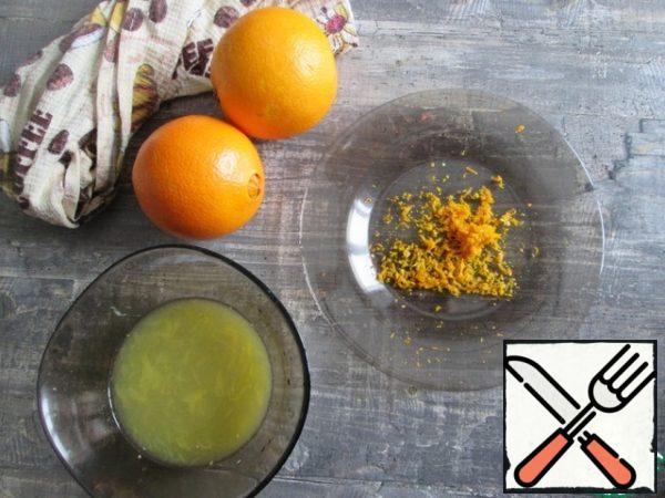 Remove the zest from one orange, cut the orange in half and squeeze the juice out of it. You should get 1/3 cup.
