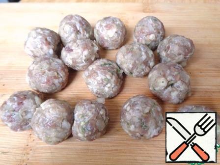 In minced add chopped onion and garlic, stir, form small balls.