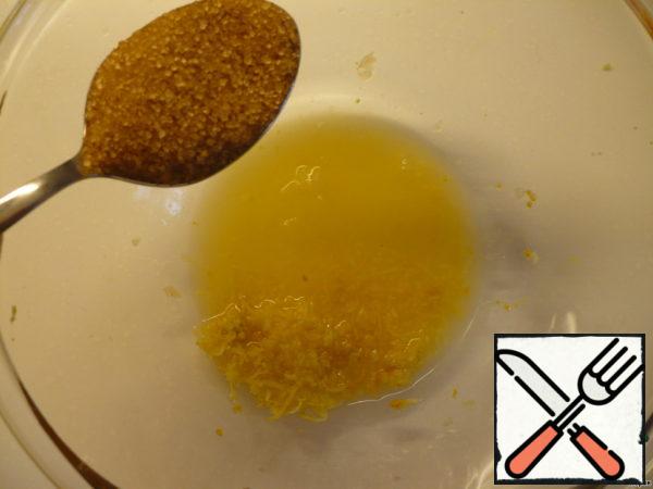 For dressing: remove the zest from one lemon, squeeze out the juice, add brown sugar.
