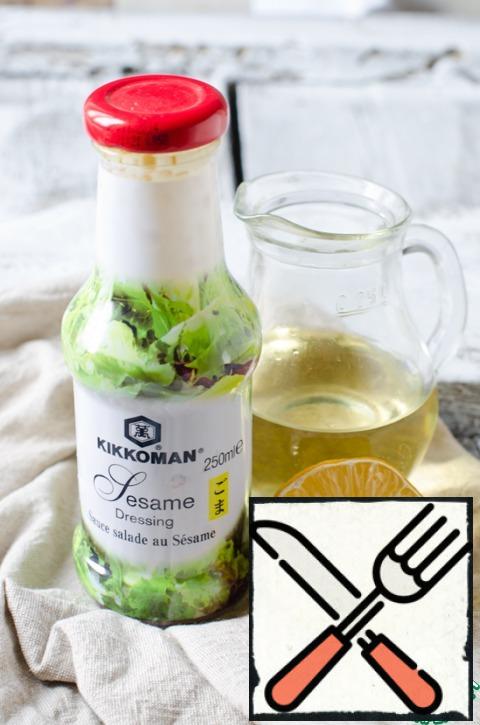 For salad we need salad sauce with sesame, olive oil (any other at your discretion), lemon juice and poppy seeds.