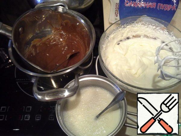 Chocolate melt in a water bath. Heat milk and dissolve gelatin in it, cool. Whisk cream with powdered sugar until peak.