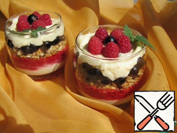 Put the cream, raspberry puree, granola, currant and whipped cream in the glasses in layers. Cool and serve.