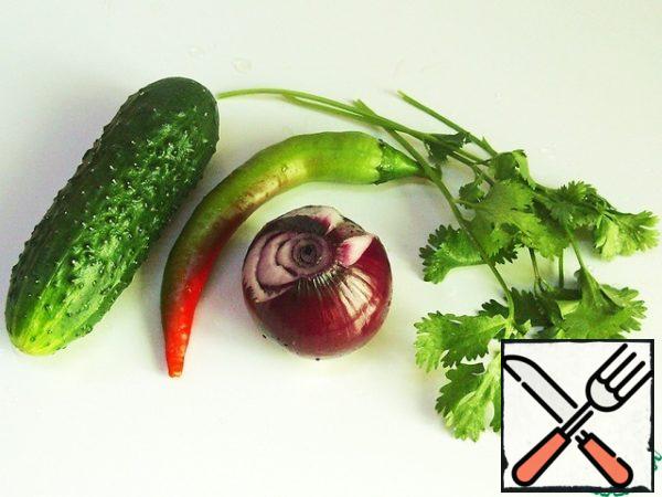 My vegetables, herbs, peel an onion.