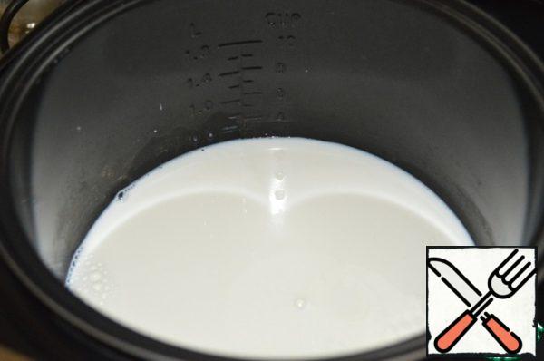 Pour the milk into the bowl of the slow cooker and turn on the program for 15 minutes, set the temperature to 40 C. At the end of the program, add yogurt to the milk and mix well.
