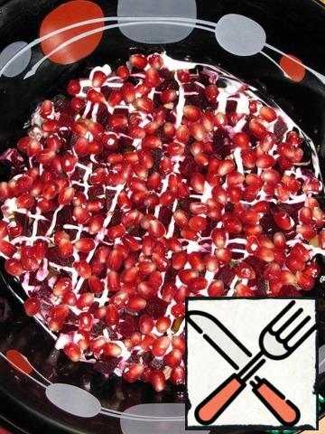 The last layer, generously sprinkle the pomegranate seeds.
Allow to soak in the refrigerator for 1 hour and you can eat.