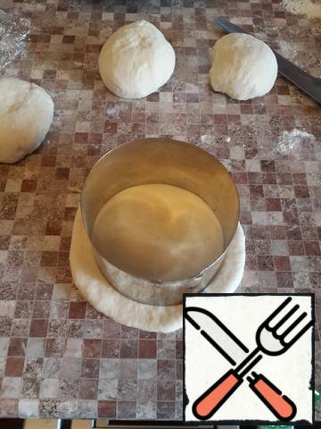 The dough is divided into equal pieces, roll them into balls. Each ball is rolled into a cake. Cut a circle with a notch or a glass.