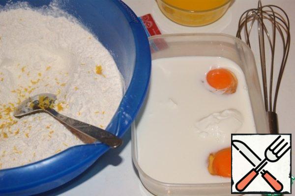 Mix together the flour, yeast, sugar, zest and salt sifted a couple of times.
Whisk together the milk, eggs and yogurt.