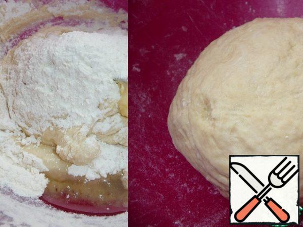 Gradually adding the rest of the flour and pouring parts of vegetable oil, knead a soft dough that will not stick to the hands and walls of the cup. Tighten the cup with the dough with a film and put it in a warm place for 1 hour (the dough should increase in volume by 2 times).
