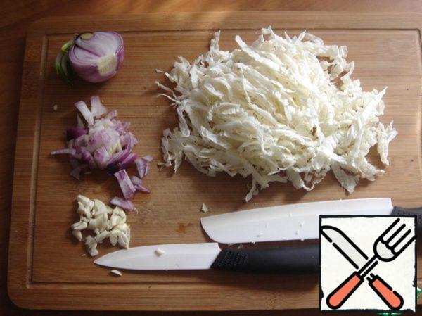Finely cut cabbage, onions and garlic, I finely cut.