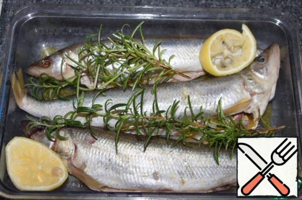 Marinate the fish in any way you like. In this case, large smelt, lemon juice, fresh rosemary, salt to taste and two hours of time. Large fish cut into pieces.