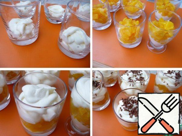 Fill the glasses with cream (about 2cm.), spread all peaches.
From above again cream.
Can decorate with mint leaves or dark chocolate.
Cool.