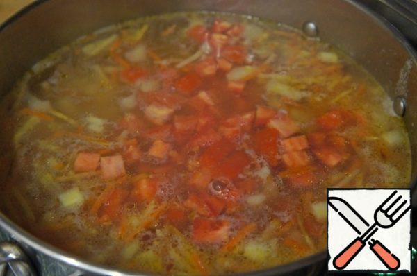 For 5 minutes before the end of cooking put tomatoes in the soup, diced.