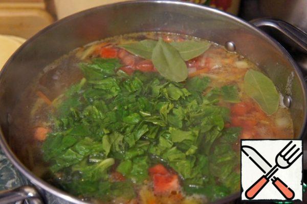 Pour the chopped spinach. Pepper and salt the soup, season with Bay leaf.