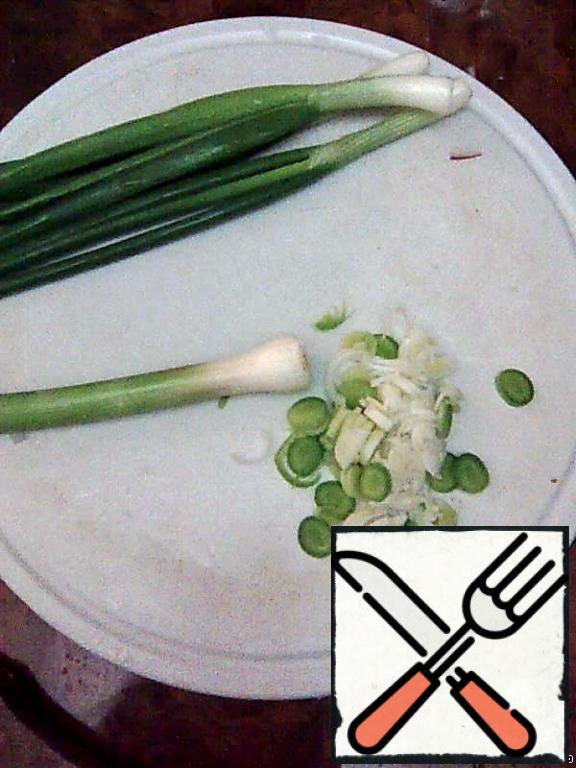 Finely chop garlic and onion feathers.