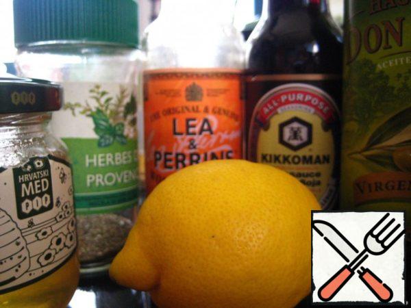 From olive oil, honey, lemon juice, herbs, soy sauce, mustard or "Worcestershire sauce" and spices to make marinade.