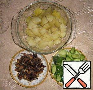 Wash potatoes and boil in uniform. Cool slightly, coarsely chop, add 2-3 tbsp cucumber brine and leave for 10 minutes. Fry onions and mushrooms. Cucumbers large cut into.