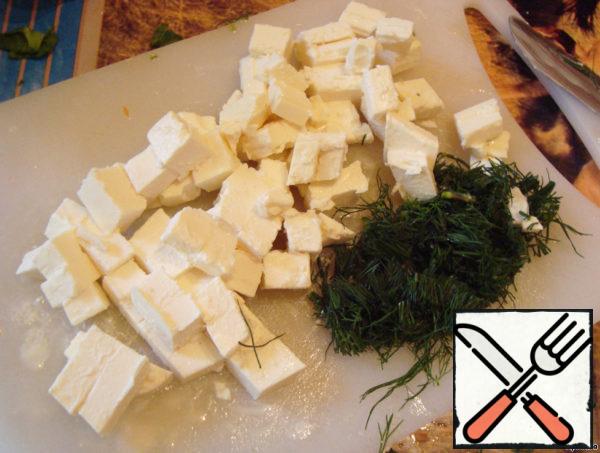 Also chop feta cheese and dill greens.
