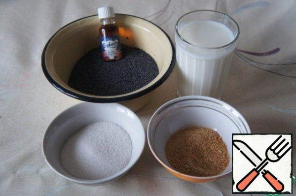 Let's start with the preparation of the filling. Prepare the products for the poppy filling.

