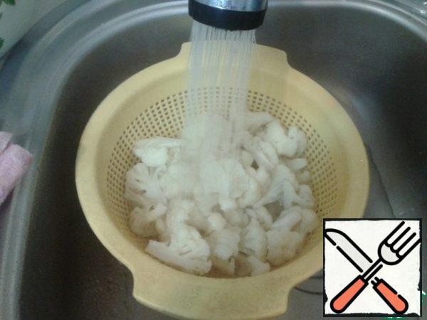 Flip into a colander and rinse with cold water. Let the water drain.

