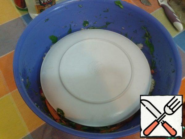 Stir, seal well, cover with a plate, press down slightly and let stand for 1 hour.
