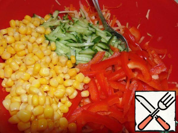 Put all the vegetables to the cabbage and add half a can of corn.